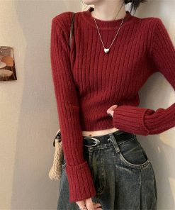 秋の女性のためのアンカーレッドのショートニットボトムシャツ