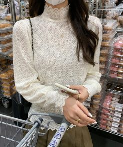 セクシーなレースハーフタートルネック長袖ボトリングシャツ
